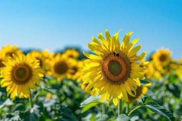 Majestic Sunflower Landscape under Clear Blue Sky, AI Generative

