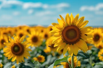 Obraz premium Infinite Sunflower Horizon against Blue Sky, AI Generative 