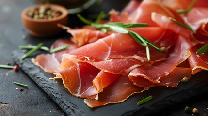 Sliced Jamon with Rosemary and Spices on Slate Board