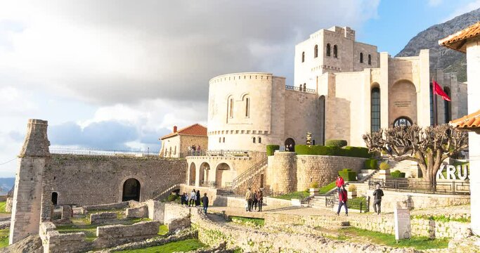 View of inside Kruja castle in Albania in afternoon sky 3 march 2024