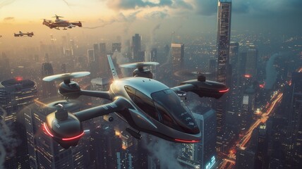 Advanced air vehicles, aerotaxis maneuver through the skyscraper-laden skyline, signifying a new era of urban air mobility against a backdrop of a city at dusk