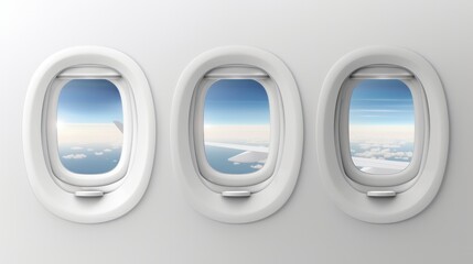 A detailed representation of three realistic airplane portholes made of white plastic