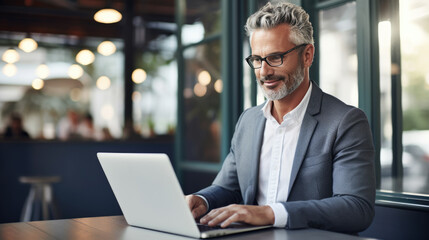 Fototapeta premium Mature, smiling businessman with a gray beard, working on a laptop at a table