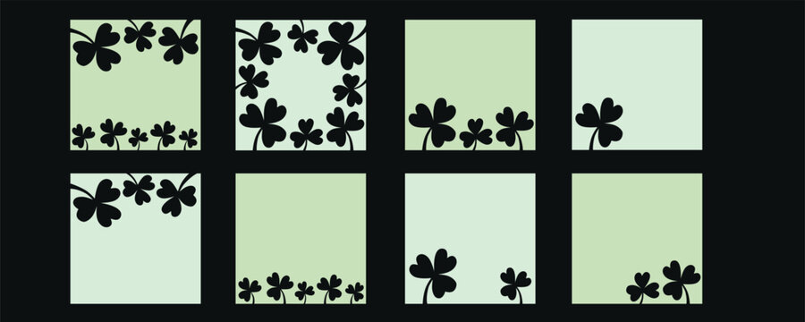 Clover flower frame for Saint Patrick day - good lucky symbol, single line. Vector stock minimalism illustration isolated on black background for design template social media. Editable stroke.