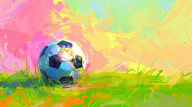 A soccer ball on a green lawn. Soccer field is drawn with large strokes of paint. Banner of sports themes. Can be used for advertising, marketing or presentation.
