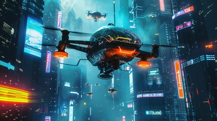 Advanced air vehicles, aerotaxis maneuver through the skyscraper-laden skyline, signifying a new era of urban air mobility against a backdrop of a city at dusk - obrazy, fototapety, plakaty