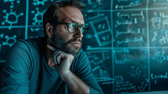 A scientist (physicist, chemist, mathematician) in glasses ponders a matrix of luminous formulas and models. A man solves some scientific problem. Illustration for a variety of design.