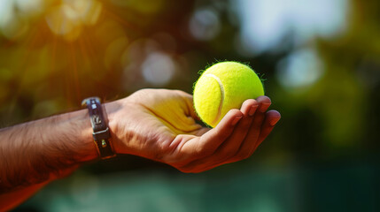 Hand Holding and Serving a Tennis Ball at an Outdoor Tennis Court. Closeup of the Tennis Ball. Moments Before the Serve.