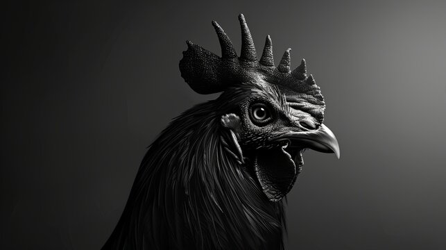 Close-up portrait of a rooster in monochrome style. The domestic bird is looking at something. Illustration for cover, card, postcard, interior design, decor or print.