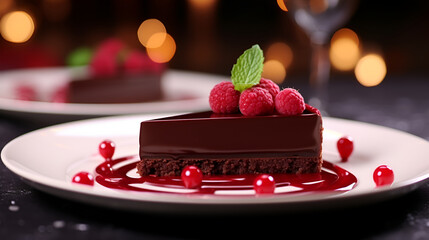 Chocolate cake with raspberries and mint on a black background ,Chocolate cake with raspberries and...
