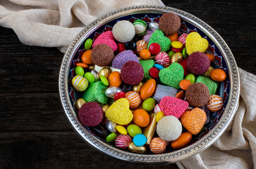 Ramadan holiday candies in the bowl. Şeker bayramı or bayram şekeri 