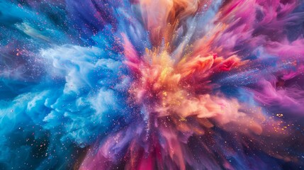 Vibrant abstract image displaying an explosion of colors with a dynamic mix of blue, pink, red, and...