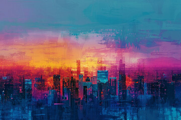 Compose a mottled background inspired by the colorful, chaotic energy of a metropolitan skyline at dusk, with the fading light of day giving way to the neon glow of urban life - Powered by Adobe