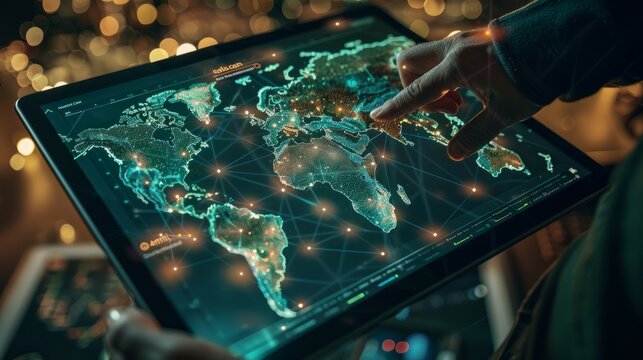 Person using a digital tablet to interact with a global digital network map on the screen, with a bokeh background.
