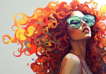 Beautiful young woman in sunglasses. Fashionable image of the model. The female image is drawn. Illustration for poster, cover, brochure, card, postcard, interior design or print. - 751779304