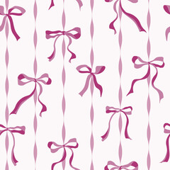 Coquette fuchsia Bows on a Pink curved stripes Background pattern