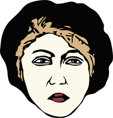 The face of a young woman with red hair escaping from under a black beret