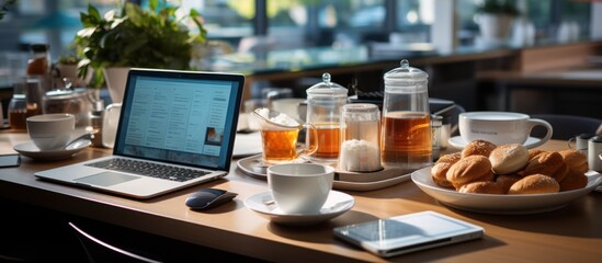 Naklejka na ściany i meble Portrait of modern office interior with electronic devices and coffee cups on the table