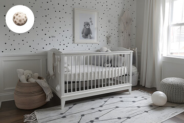 A minimalist black and white nursery. Interior design.