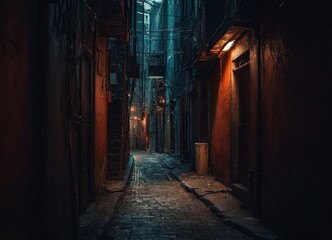 Fototapeta na wymiar A narrow passage between the streets. An alley with a sidewalk and a narrow footpath between the walls of residential buildings. European architecture. A gloomy area with low lighting in the old town.