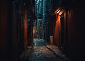 Fotobehang A narrow passage between the streets. An alley with a sidewalk and a narrow footpath between the walls of residential buildings. European architecture. A gloomy area with low lighting in the old town. © Алексей Леганьков