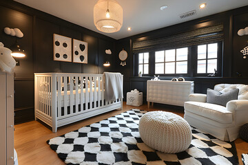 A chic black and white nursery with trendy accents. Interior design.