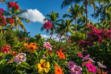 Fototapeta na wymiar Hibiscus Tranquility: Colorful Blooms in Tropical Setting, AI Generative 