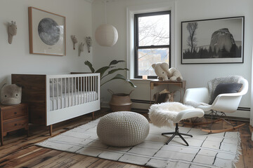 A minimalistic nursery with modern black and white interior design.