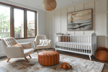 A contemporary nursery with Scandinavian-inspired decor and clean lines interior design.