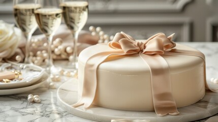 Creamy cake decorated with bow, on the festive table with glasses of champagne. Picture for a menu