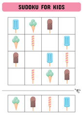 Sudoku for children with ice cream. Kids activity sheet .Fun sudoku puzzle with ice cream illustration. Children educational activity worksheet. - obrazy, fototapety, plakaty