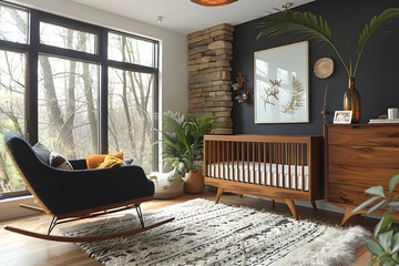 A sleek nursery with bold accents and a mix of textures interior design.