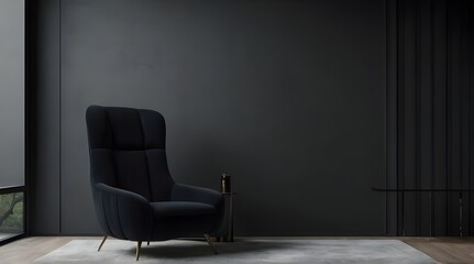 Black living room Interior design. Modern minimalistic interior with an armchair. 3d rendering