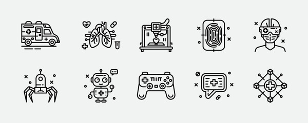 Modern Technologies in Medicine and Artificial Intelligence Vector Outline Icon Set