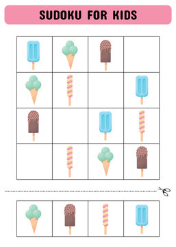Sudoku for children with ice cream. Kids activity sheet .Fun sudoku puzzle with ice cream illustration. Children educational activity worksheet.