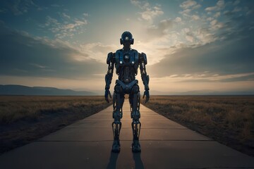 Humanoid robot character with artificial intelligence, symbolizing technological advancement and artificial intelligence in modern life