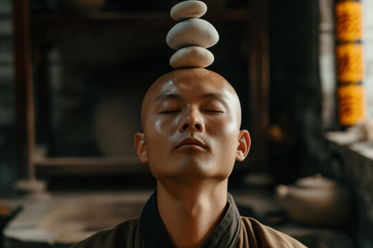 AI Generated Image. Smooth Zen stone pebbles balancing on a bald head of the young male Asian monk meditating
