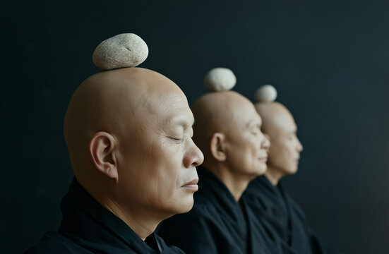 AI Generated Image. Zen stone balancing on a bald head of the Asian monks meditating