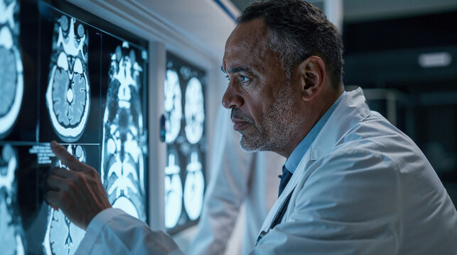 Focused Doctor Analyzing Brain MRI Scans. Generative AI image