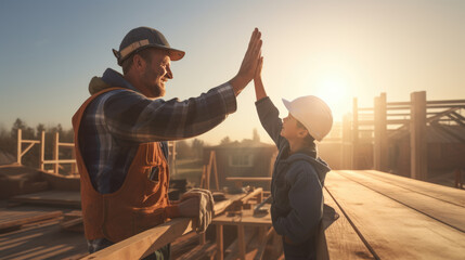 Smiling child in a hard hat is giving a high-five to his father in construction gear, symbolizing a moment of joy and bonding.