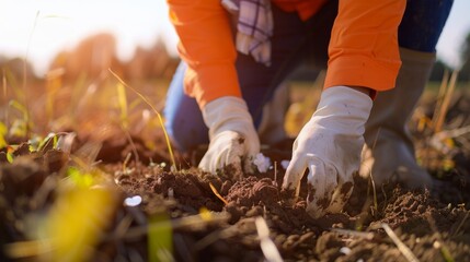 Person in Orange Shirt and White Gloves Digging in Dirt - obrazy, fototapety, plakaty