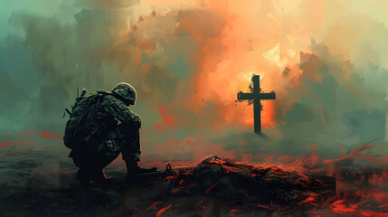 Christian soldier praying with cross in the background. Digital painting - obrazy, fototapety, plakaty