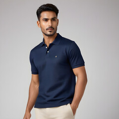 male model clad in a pristine dark blue cotton polo t-shirt, classic beige linen pants on the isolated background 