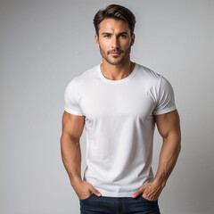 male model in a white t-shirt on the white background 