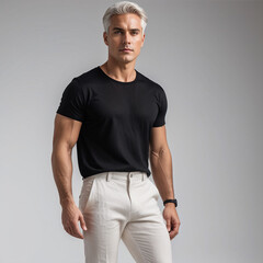 male model in a black cotton t-shirt on the isolated background