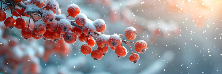 Berries of Red Mountain Ash in Snow,Winter flower HD 8K wallpaper Stock Photographic Image
