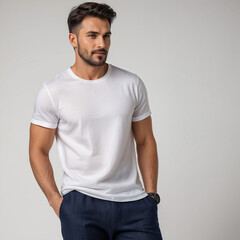 male model in a white cotton t-shirt, dark blue classic linen pants on the isolated background 