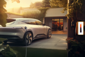 An electric car is charging near a cottage at sunset.