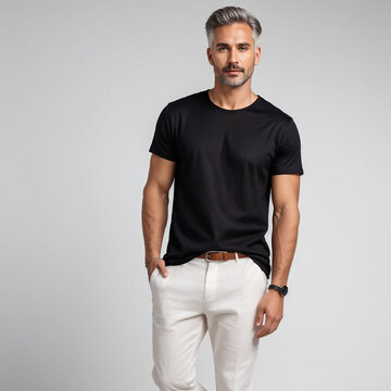 male model in a black cotton t-shirt on the isolated background