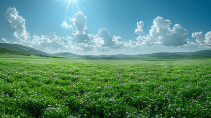 Spring panoramic landscape. Sky with fluffy clouds over green field.
